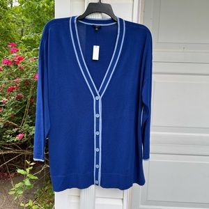 NWT Talbots Pretty Royal Blue Striped Trim V-Neck Long Sleeve Cardigan